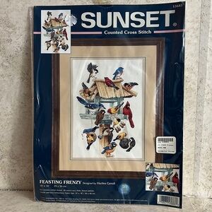 Sunset Cross Stitch Feeding Frenzy Marilee Carroll Many Birds